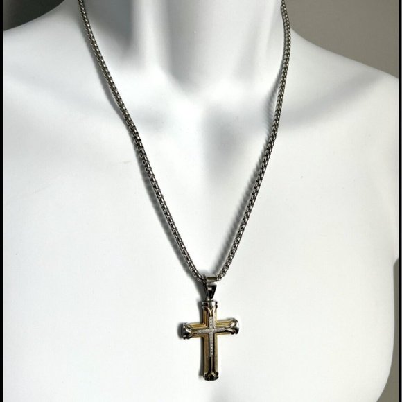 NWOT Esquire Diamond Cross Pendant Necklace in Stainless & Gold-Tone Ion Plate
